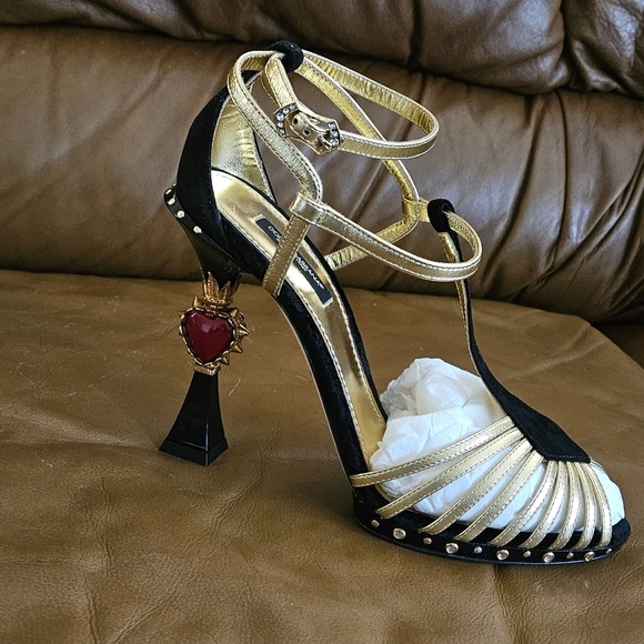 Dolce & Gabbana Black Suede Metallic Gold Leather Luxury Heels Size 8 US (MINT) - Picture 13 of 16
